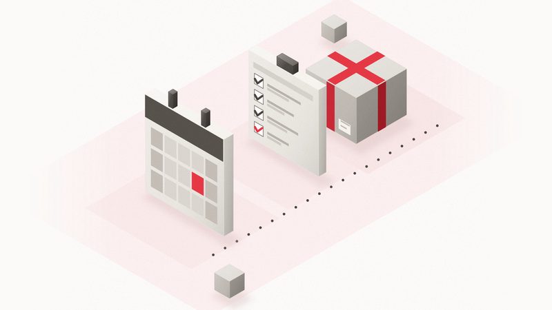 Ilustración isométrica: un calendario de bloque grueso con una pestaña roja, una lista con casillas marcadas y un paquete con cinta roja, unidos por una línea de puntos