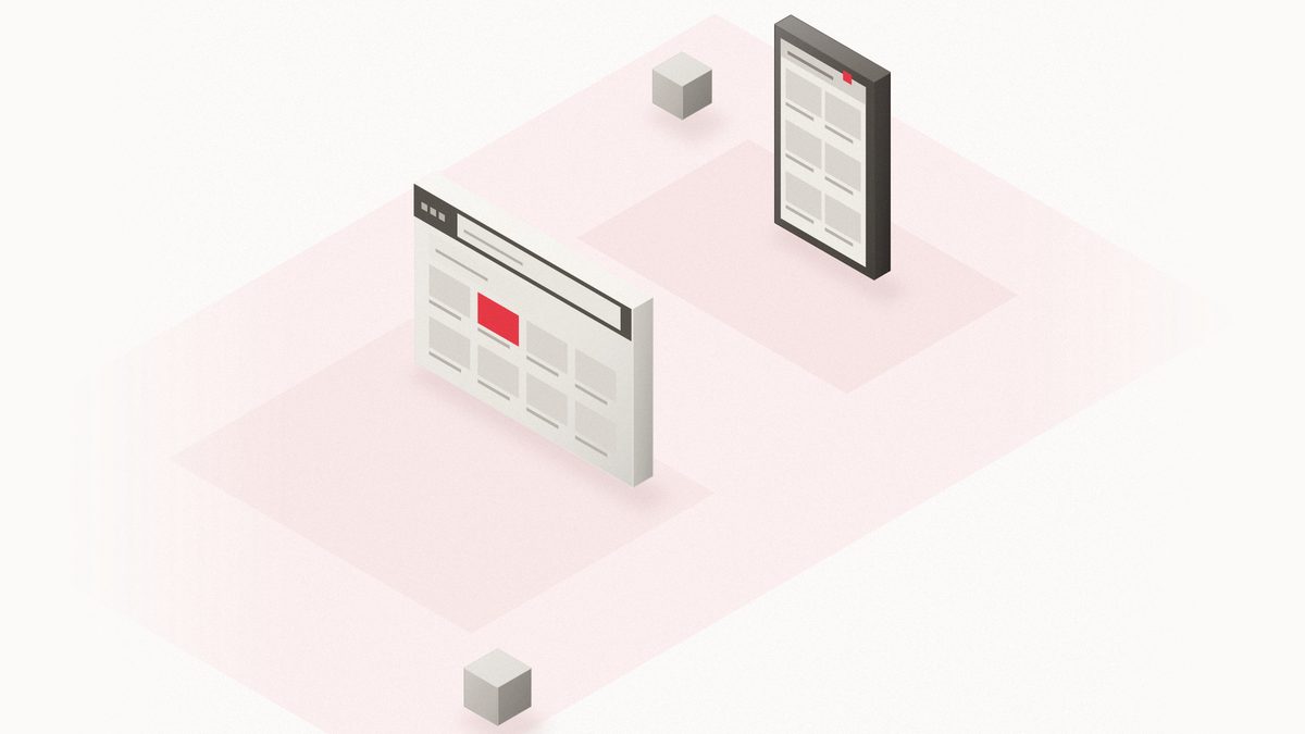 Ilustración isométrica: un teléfono de bloque grueso con una grilla de productos y, delante, una ventana de navegador con su buscador y otra grilla donde una tarjeta de producto es roja