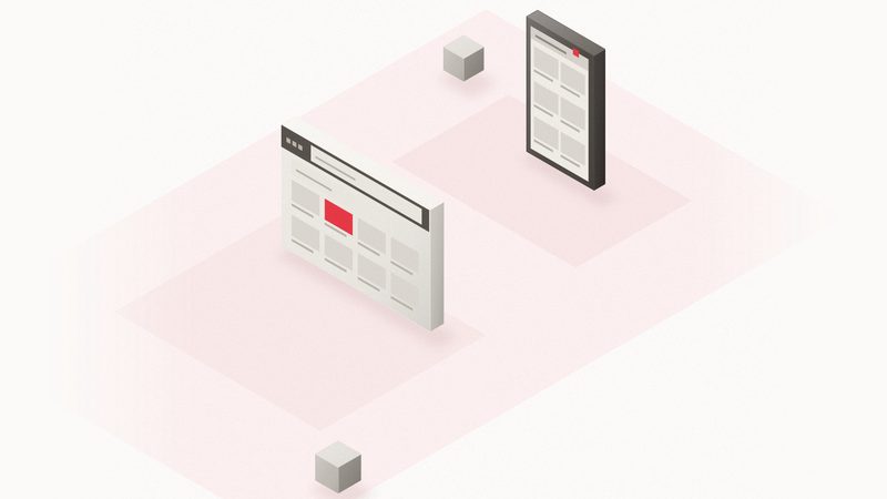 Ilustración isométrica: un teléfono de bloque grueso con una grilla de productos y, delante, una ventana de navegador con su buscador y otra grilla donde una tarjeta de producto es roja