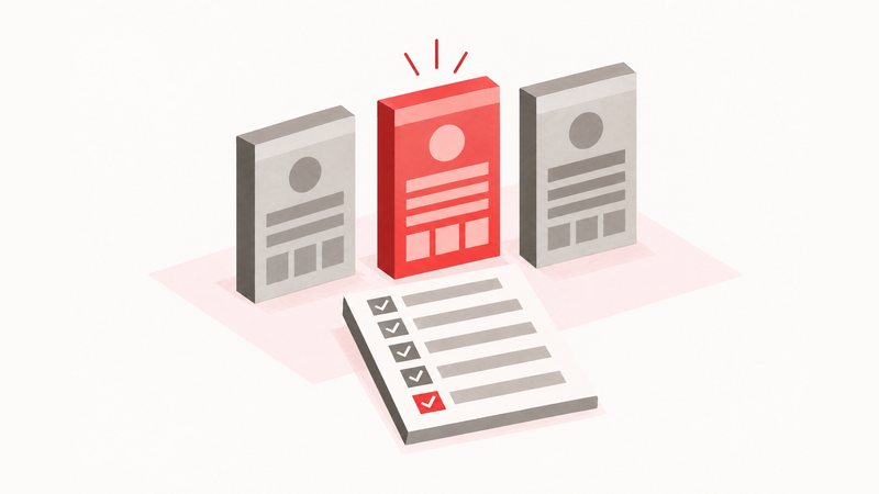 Tres tarjetas de proveedor en fila con una lista de verificación de cinco puntos marcados delante