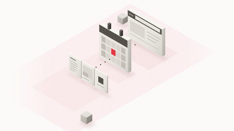 Ilustración isométrica: tres hojas de contenido (texto, foto y logo) unidas por una línea de puntos a un calendario con un día rojo y, al final, una ventana de navegador terminada