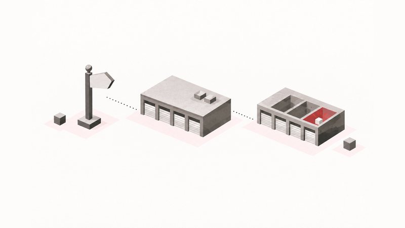 Esquema con una señal de dirección, un edificio de varias puertas y una sala interior aislada: dominio, hosting y VPS