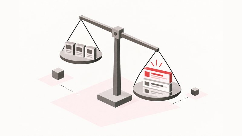 Balanza que compara tres bloques de plantilla genérica idénticos contra un sitio web construido por capas
