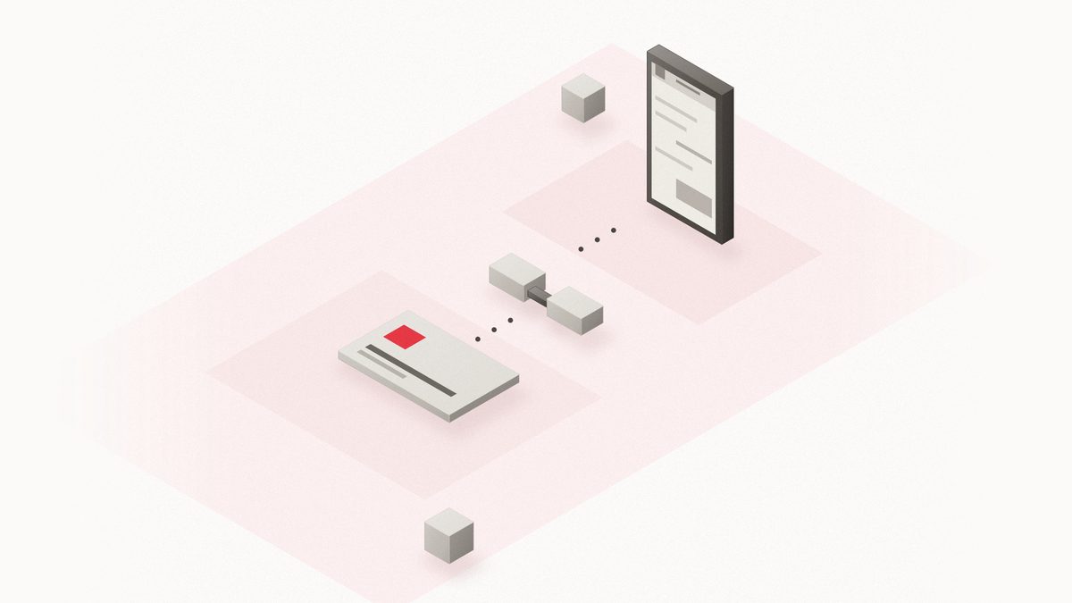 Ilustración isométrica: un teléfono con una conversación unido por líneas de puntos a un eslabón de dos bloques y a una tarjeta con el chip rojo