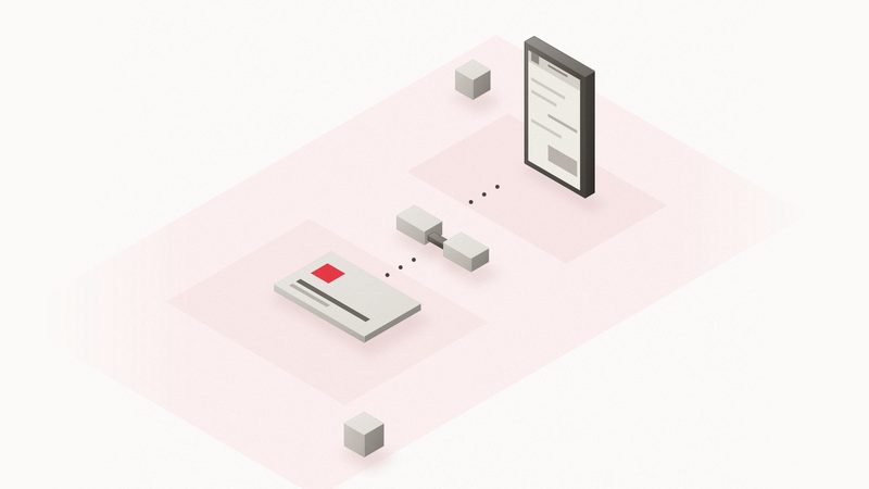 Ilustración isométrica: un teléfono con una conversación unido por líneas de puntos a un eslabón de dos bloques y a una tarjeta con el chip rojo