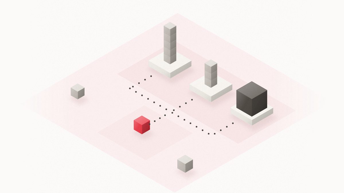 Ilustración isométrica: tres pedestales con pilas de cubos de distinta altura, la última con un solo bloque grande, y un cubo rojo delante unido a cada uno por líneas de puntos