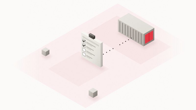 Ilustración isométrica: un contenedor con la puerta roja unido por una línea de puntos a una lista de verificación con dos marcas