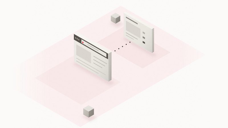 Ilustración isométrica: un tablero de diseño con muestras de color unido por una línea de puntos a una ventana de navegador con una tarjeta roja en la barra de direcciones