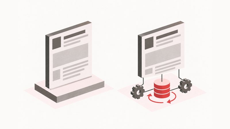 Dos páginas web iguales: una fija y otra conectada por debajo a una base de datos y a engranajes