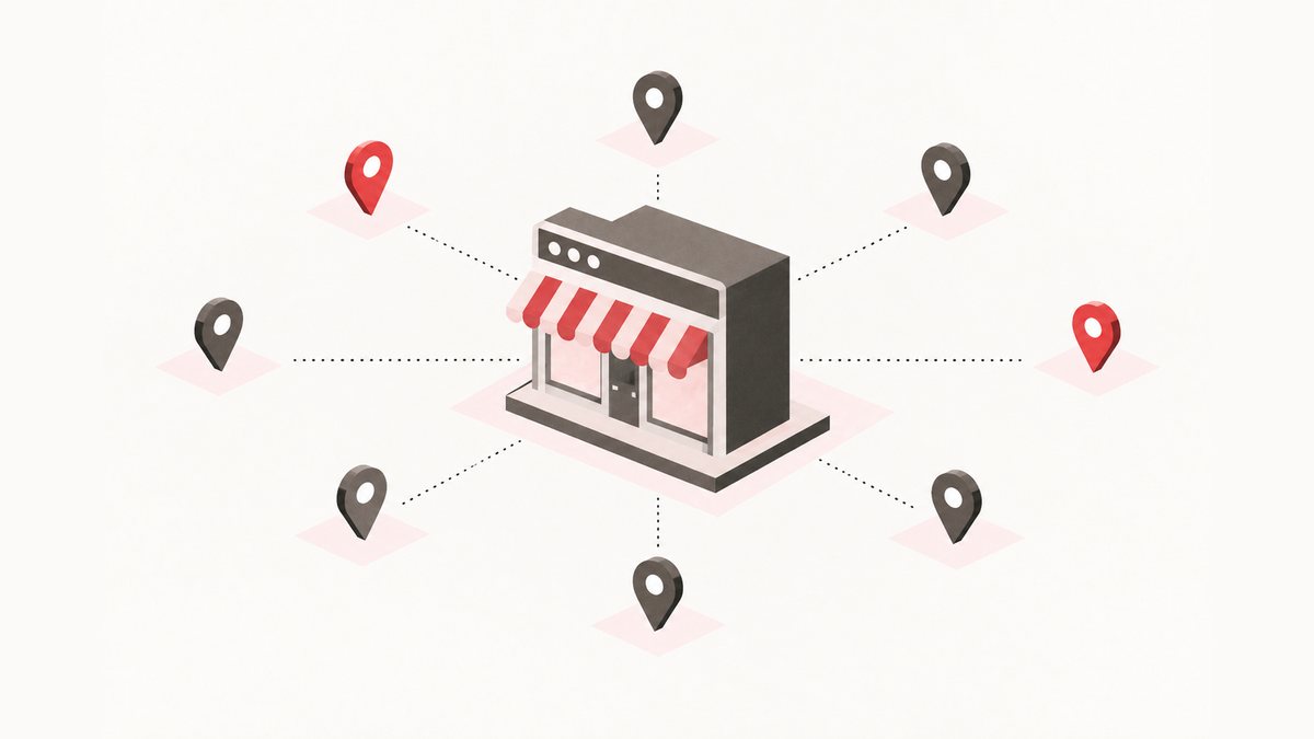 Local comercial con fachada de navegador conectado por líneas a marcadores de ubicación repartidos alrededor