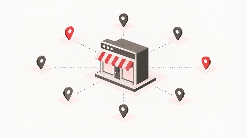 Local comercial con fachada de navegador conectado por líneas a marcadores de ubicación repartidos alrededor