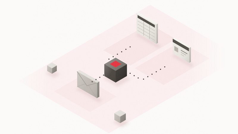 Ilustración isométrica: un sobre gris que llega a un bloque central oscuro con la cara superior roja, del que salen líneas de puntos hacia una planilla y un panel de aviso