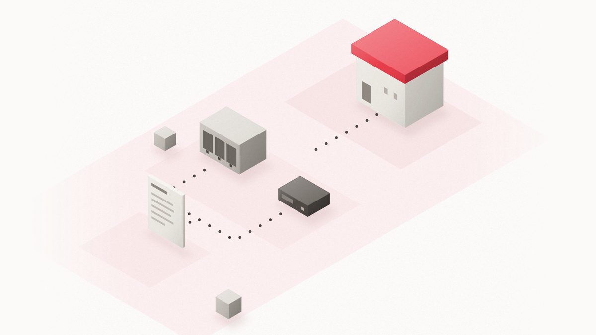 Ilustración isométrica: un documento original unido por líneas de puntos a un NAS y a un disco externo y, lejos, un edificio aparte con el techo rojo