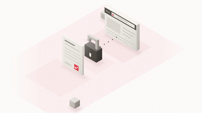 Ilustración isométrica: una hoja de certificado con sello rojo, un candado abierto y una ventana de navegador unidos por una línea de puntos