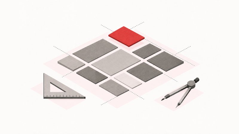 Retícula de maquetación con un módulo elevado y destacado en rojo, junto a una escuadra y un compás