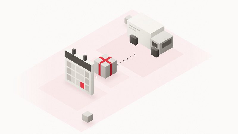 Ilustración isométrica: un calendario con la última casilla en rojo, un regalo con cinta roja y un camión de reparto unidos por una línea de puntos