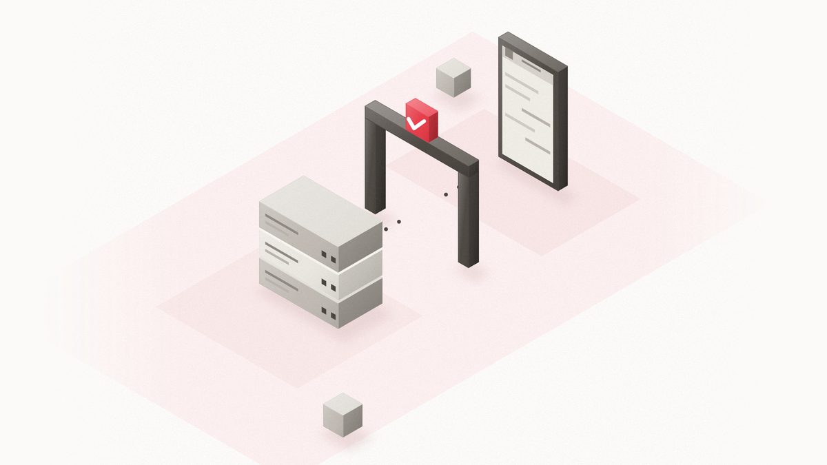 Ilustración isométrica: un teléfono de bloque grueso con una conversación, un arco de conexión con una marca roja y una pila de servidores unidos por una línea de puntos