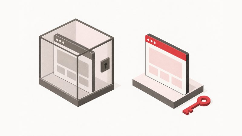 Una página web encerrada en una vitrina cerrada frente a otra libre sobre sus propios cimientos, con una llave roja al lado