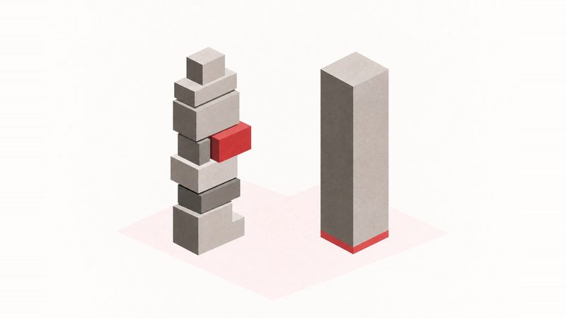Ilustración isométrica: a la izquierda una torre de bloques modulares apilados y desalineados, con una pieza roja que no encaja; a la derecha una pieza sólida de un solo cuerpo con una franja roja en la base.