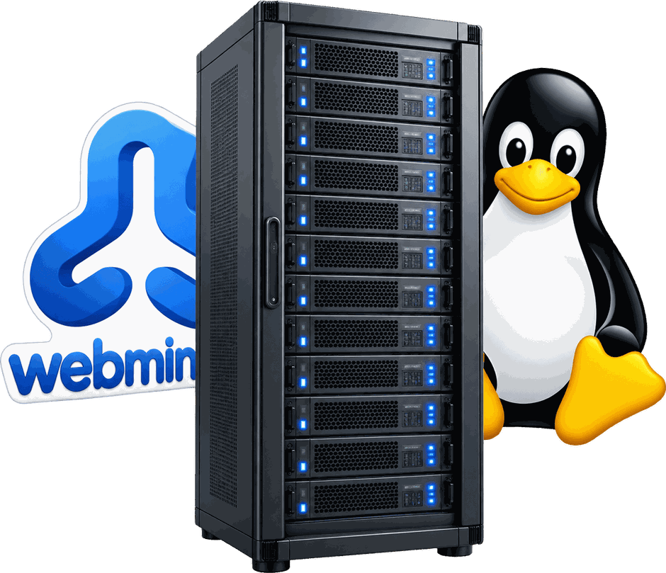 Servidor de archivos en rack con los logotipos de Webmin y Linux