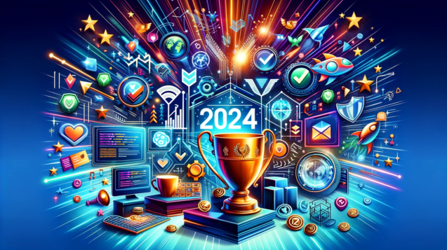 Representación artística de los elementos de éxito en desarrollo web para 2024, con trofeos, medallas, diseño responsivo y código.