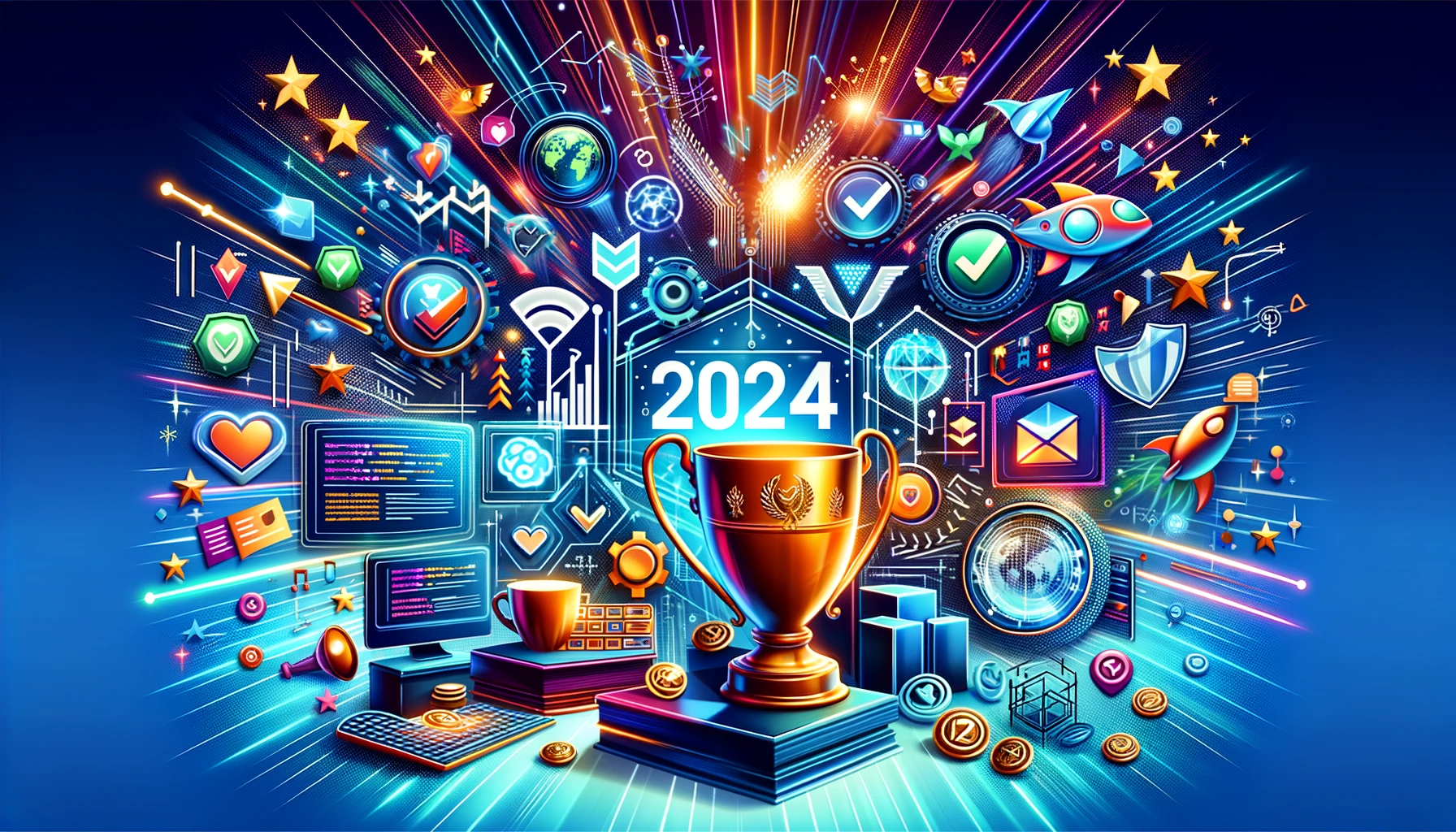 Representación artística de los elementos de éxito en desarrollo web para 2024, con trofeos, medallas, diseño responsivo y código.